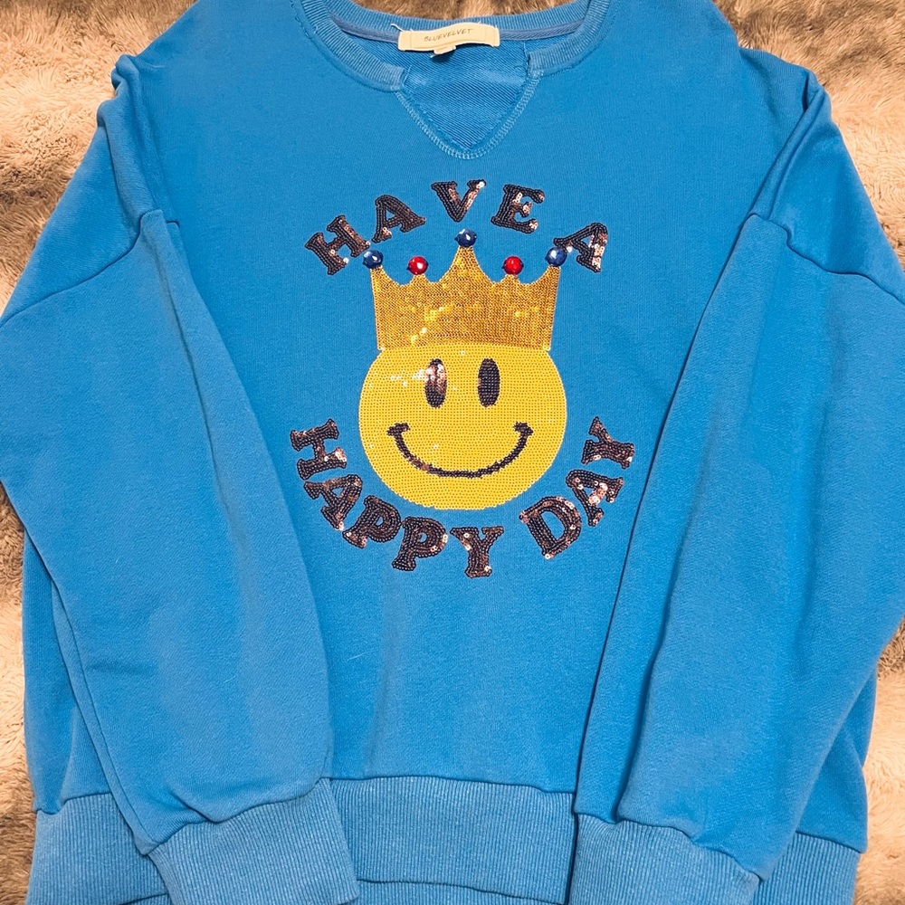 Blue Velvet Blue Smiley Sweatshirt with Gold Crown